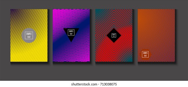 Minimal covers vector set. Trendy simple neon colored retro poster design. Futuristic glam and glitch four technical textured minimal covers. Halftone geometric modern business corporate blank paper.