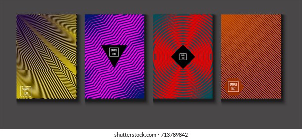 Minimal covers vector set. Trendy simple neon colored retro poster design. Futuristic glam and glitch four technical textured minimal covers. Halftone geometric modern business corporate blank paper.