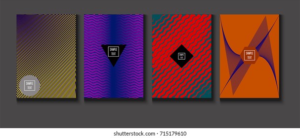 Minimal covers vector set. Trendy simple neon colored retro poster design. Futuristic glam and glitch four technical textured minimal covers. Halftone geometric modern business corporate blank paper.