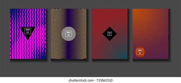 Minimal covers vector set. Trendy simple neon colored retro poster design. Futuristic glam and glitch four technical textured minimal covers. Halftone geometric modern business corporate blank paper.