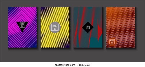 Minimal covers vector set. Trendy simple neon colored retro poster design. Futuristic glam and glitch four technical textured minimal covers. Halftone geometric modern business corporate blank paper.
