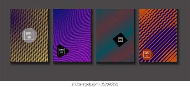Minimal covers vector set. Trendy simple neon colored retro poster design. Futuristic glam and glitch four technical textured minimal covers. Halftone geometric modern business corporate blank paper.