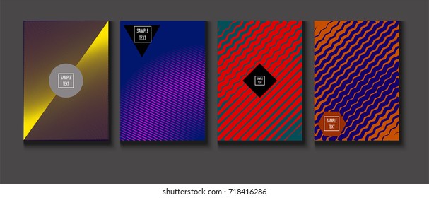 Minimal covers vector set. Trendy simple neon colored retro poster design. Futuristic glam and glitch four technical textured minimal covers. Halftone geometric modern business corporate blank paper.