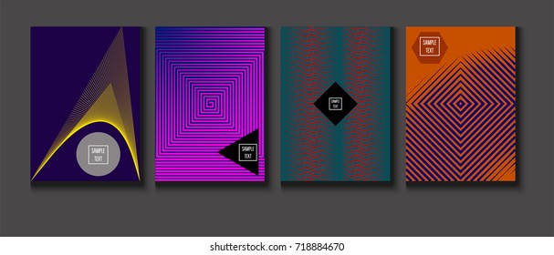 Minimal covers vector set. Trendy simple neon colored retro poster design. Futuristic glam and glitch four technical textured minimal covers. Halftone geometric modern business corporate blank paper.