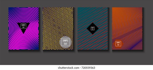 Minimal covers vector set. Trendy simple neon colored retro poster design. Futuristic glam and glitch four technical textured minimal covers. Halftone geometric modern business corporate blank paper.