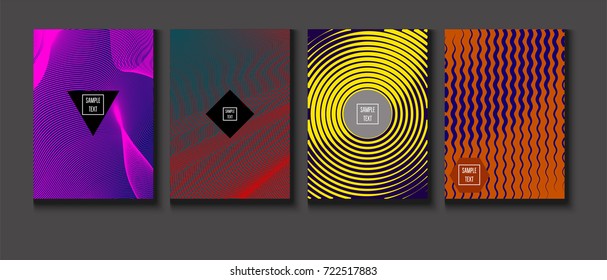 Minimal covers vector set. Trendy simple neon colored retro poster design. Futuristic glam and glitch four technical textured minimal covers. Halftone geometric modern business corporate blank paper.