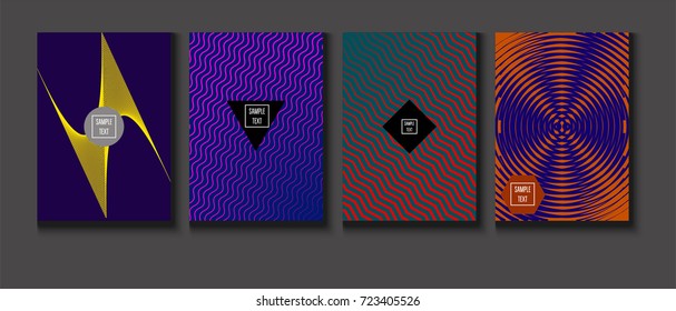 Minimal covers vector set. Trendy simple neon colored retro poster design. Futuristic glam and glitch four technical textured minimal covers. Halftone geometric modern business corporate blank paper.