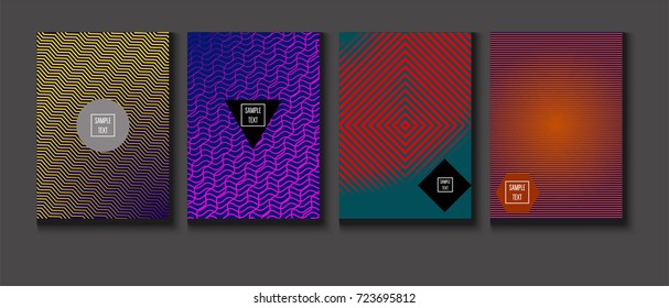 Minimal covers vector set. Trendy simple neon colored retro poster design. Futuristic glam and glitch four technical textured minimal covers. Halftone geometric modern business corporate blank paper.