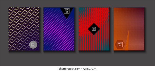 Minimal covers vector set. Trendy simple neon colored retro poster design. Futuristic glam and glitch four technical textured minimal covers. Halftone geometric modern business corporate blank paper.