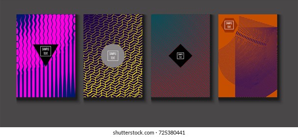 Minimal covers vector set. Trendy simple neon colored retro poster design. Futuristic glam and glitch four technical textured minimal covers. Halftone geometric modern business corporate blank paper.