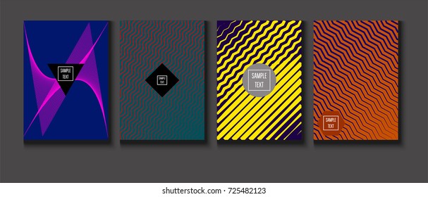 Minimal covers vector set. Trendy simple neon colored retro poster design. Futuristic glam and glitch four technical textured minimal covers. Halftone geometric modern business corporate blank paper.