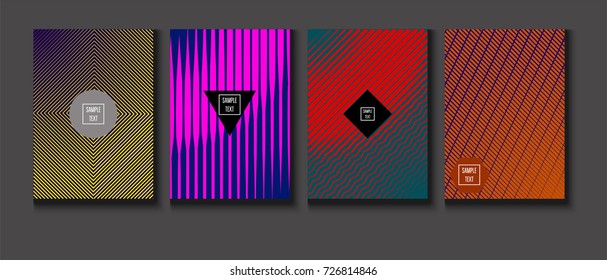 Minimal covers vector set. Trendy simple neon colored retro poster design. Futuristic glam and glitch four technical textured minimal covers. Halftone geometric modern business corporate blank paper.