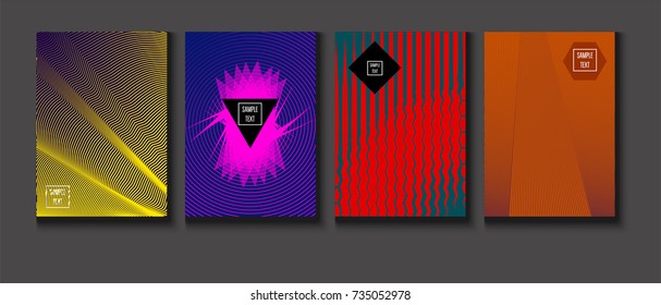 Minimal covers vector set. Trendy simple neon colored retro poster design. Futuristic glam and glitch four technical textured minimal covers. Halftone geometric modern business corporate blank paper.