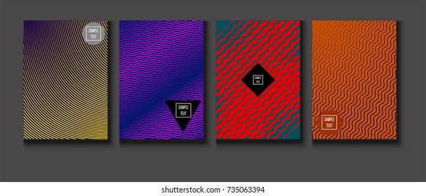 Minimal covers vector set. Trendy simple neon colored retro poster design. Futuristic glam and glitch four technical textured minimal covers. Halftone geometric modern business corporate blank paper.