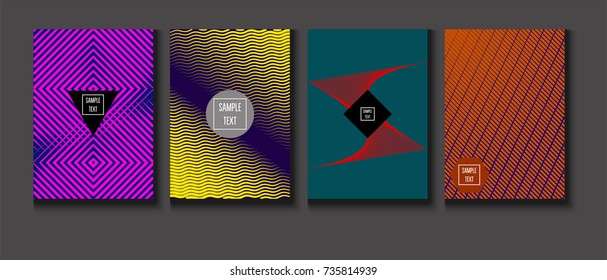 Minimal covers vector set. Trendy simple neon colored retro poster design. Futuristic glam and glitch four technical textured minimal covers. Halftone geometric modern business corporate blank paper.