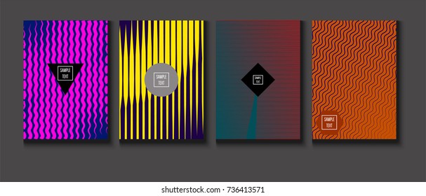 Minimal covers vector set. Trendy simple neon colored retro poster design. Futuristic glam and glitch four technical textured minimal covers. Halftone geometric modern business corporate blank paper.