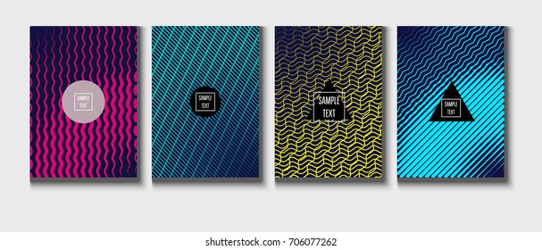 Minimal covers vector template. Abstract halftone background, geometric pattern. Mint green, blue, yellow, pink stripes, waves, spirals on dark blue. Abstract poster design. Flat minimal covers set.