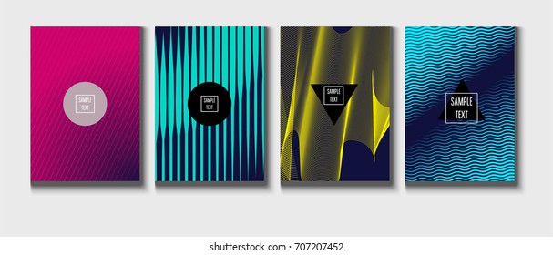 Minimal covers vector template. Abstract halftone background, geometric pattern. Mint green, blue, yellow, pink stripes, waves, spirals on dark blue. Abstract poster design. Flat minimal covers set.