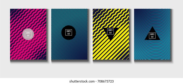 Minimal covers vector template. Abstract halftone background, geometric pattern. Mint green, blue, yellow, pink stripes, waves, spirals on dark blue. Abstract poster design. Flat minimal covers set.