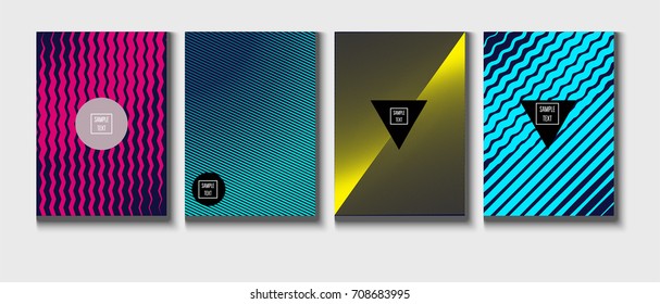 Minimal covers vector template. Abstract halftone background, geometric pattern. Mint green, blue, yellow, pink stripes, waves, spirals on dark blue. Abstract poster design. Flat minimal covers set.