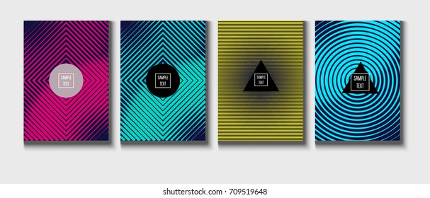 Minimal covers vector template. Abstract halftone background, geometric pattern. Mint green, blue, yellow, pink stripes, waves, spirals on dark blue. Abstract poster design. Flat minimal covers set.