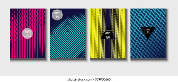Minimal covers vector template. Abstract halftone background, geometric pattern. Mint green, blue, yellow, pink stripes, waves, spirals on dark blue. Abstract poster design. Flat minimal covers set.