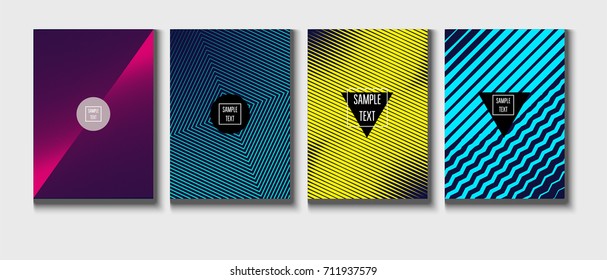 Minimal covers vector template. Abstract background, geometric pattern. Mint green, blue, yellow, pink stripes, waves, spirals on dark blue. Abstract poster design. Flat minimal covers set.