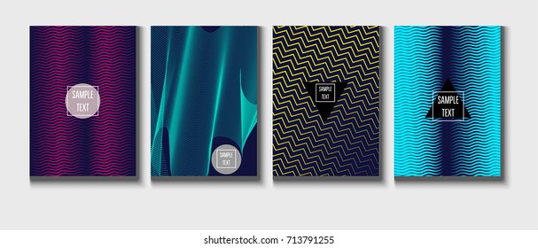 Minimal covers vector template. Abstract halftone background, geometric pattern. Mint green, blue, yellow, pink stripes, waves, spirals on dark blue. Abstract poster design. Flat minimal covers set.