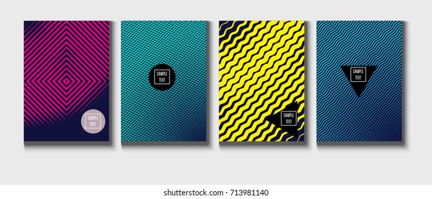 Minimal covers vector template. Abstract halftone background, geometric pattern. Mint green, blue, yellow, pink stripes, waves, spirals on dark blue. Abstract poster design. Flat minimal covers set.