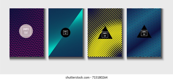 Minimal covers vector template. Abstract halftone background, geometric pattern. Mint green, blue, yellow, pink stripes, waves, spirals on dark blue. Abstract poster design. Flat minimal covers set.