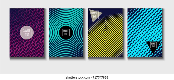 Minimal covers vector template. Abstract halftone background, geometric pattern. Mint green, blue, yellow, pink stripes, waves, spirals on dark blue. Abstract poster design. Flat minimal covers set.