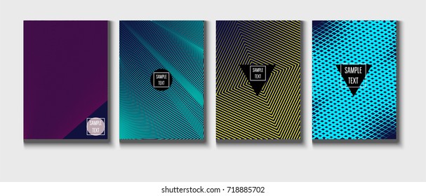 Minimal covers vector template. Abstract halftone background, geometric pattern. Mint green, blue, yellow, pink stripes, waves, spirals on dark blue. Abstract poster design. Flat minimal covers set.