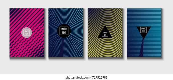 Minimal covers vector template. Abstract halftone background, geometric pattern. Mint green, blue, yellow, pink stripes, waves, spirals on dark blue. Abstract poster design. Flat minimal covers set.