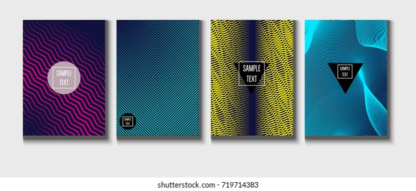 Minimal covers vector template. Abstract halftone background, geometric pattern. Mint green, blue, yellow, pink stripes, waves, spirals on dark blue. Abstract poster design. Flat minimal covers set.
