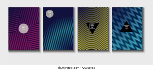 Minimal covers vector template. Abstract halftone background, geometric pattern. Mint green, blue, yellow, pink stripes, waves, spirals on dark blue. Abstract poster design. Flat minimal covers set.