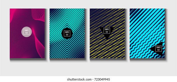 Minimal covers vector template. Abstract halftone background, geometric pattern. Mint green, blue, yellow, pink stripes, waves, spirals on dark blue. Abstract poster design. Flat minimal covers set.
