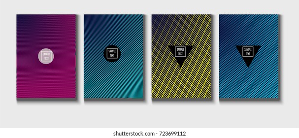 Minimal covers vector template. Abstract halftone background, geometric pattern. Mint green, blue, yellow, pink stripes, waves, spirals on dark blue. Abstract poster design. Flat minimal covers set.