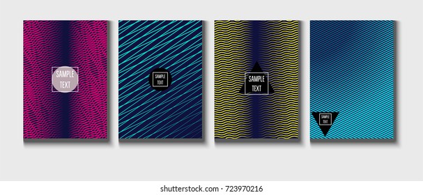 Minimal covers vector template. Abstract halftone background, geometric pattern. Mint green, blue, yellow, pink stripes, waves, spirals on dark blue. Abstract poster design. Flat minimal covers set.