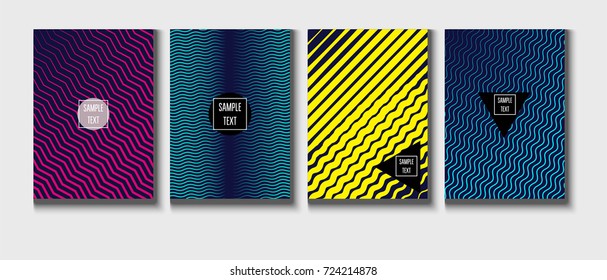 Minimal covers vector template. Abstract halftone background, geometric pattern. Mint green, blue, yellow, pink stripes, waves, spirals on dark blue. Abstract poster design. Flat minimal covers set.