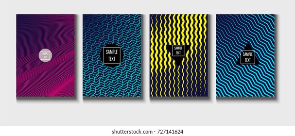 Minimal covers vector template. Abstract halftone background, geometric pattern. Mint green, blue, yellow, pink stripes, waves, spirals on dark blue. Abstract poster design. Flat minimal covers set.