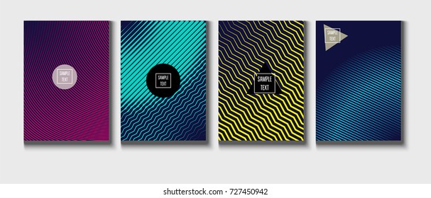 Minimal covers vector template. Abstract halftone background, geometric pattern. Mint green, blue, yellow, pink stripes, waves, spirals on dark blue. Abstract poster design. Flat minimal covers set.