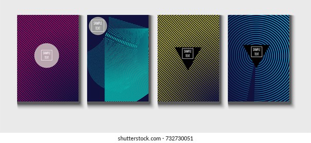 Minimal covers vector template. Abstract halftone background, geometric pattern. Mint green, blue, yellow, pink stripes, waves, spirals on dark blue. Abstract poster design. Flat minimal covers set.