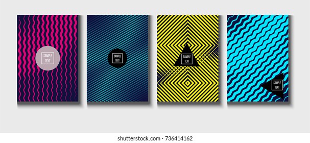 Minimal covers vector template. Abstract halftone background, geometric pattern. Mint green, blue, yellow, pink stripes, waves, spirals on dark blue. Abstract poster design. Flat minimal covers set.