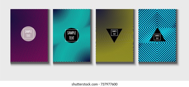 Minimal covers vector template. Abstract halftone background, geometric pattern. Mint green, blue, yellow, pink stripes, waves, spirals on dark blue. Abstract poster design. Flat minimal covers set.