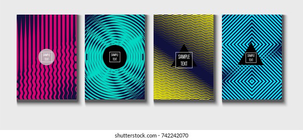 Minimal covers vector template. Abstract halftone background, geometric pattern. Mint green, blue, yellow, pink stripes, waves, spirals on dark blue. Abstract poster design. Flat minimal covers set.