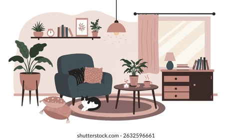 A minimal and cozy living room interior in muted pastel tones. Features a black and white cat resting on a rug, a soft armchair with pillows, indoor plants, books, and a coffee table with a warm drink