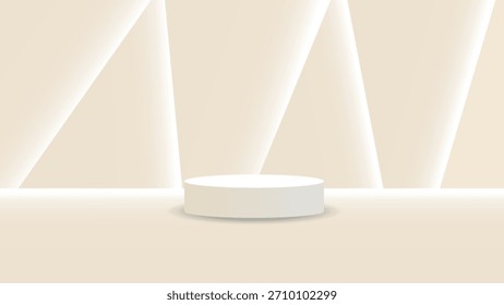 Pódio de exibição de creme mínimo com holofotes suaves.  Plano de fundo elegante da exibição do produto. Pódio de produto bege mínimo com raios de luz geométricos macios, fundo de exposição limpo de luxo.