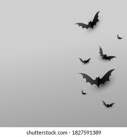 Minimal creative background with paper scary black bats on gray background with copy space. Halloween concept, copyspace, flatlay, top view. Vector illustration.