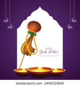 Ilustración mínima y creativa con fondo decorado de la celebración de Gudi Padwa de la India. Banner del año nuevo lunar, cartel, tarjeta de felicitación. ilustración vectorial.