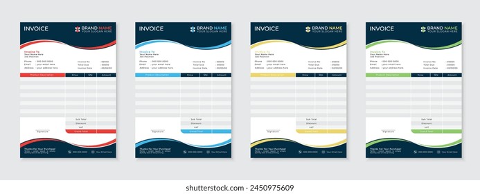 Minimal creative invoice design template with wavy vector shapes, bill form, tax form, receipt, cash memo bundle design set for your business, new corporate premium one page stationery design